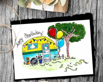 Happy Birthday Watercolor Camper Card Print. Camping Life Birthday Greeting Card. Digital Download. Birthday Camper Card Printale.