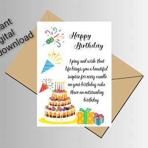 Tarjeta de deseos de cumpleaños imprimible. Descarga digital de la tarjeta de pastel de cumpleaños. Tarjeta de cumpleaños con mensaje. Tarjeta imprimible.