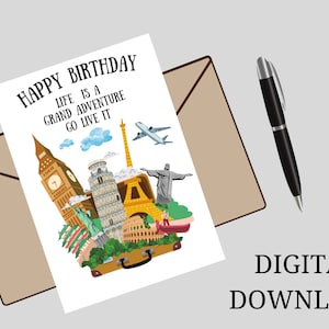 Biglietto d'auguri stampabile per gli amanti dei viaggi. La vita è una grande avventura, biglietto da viaggio di compleanno Go Live It. Buono regalo avventura. Scaricamento digitale.
