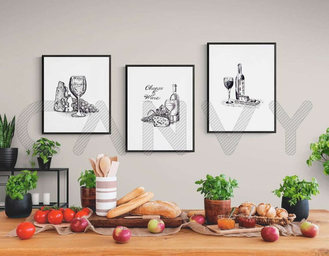 Instant Download Wine and Cheese Wall Art Print Set of 3. Etsy