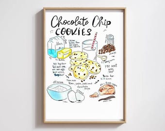 Chocolate Chip Cookie Watercolor  Recipe Illustration. Dessert Painted Recipe Wall Art Decor. Kitchen Wall Art Decor.Digital Poster.