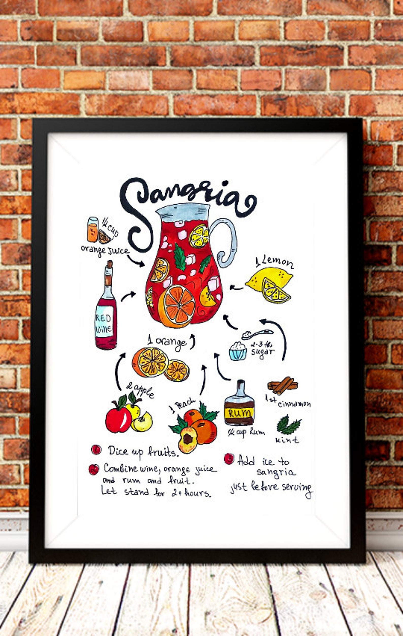 Sangria Recipe Print. Recipe Sangria Watercolor Art Print. Cocktail ...