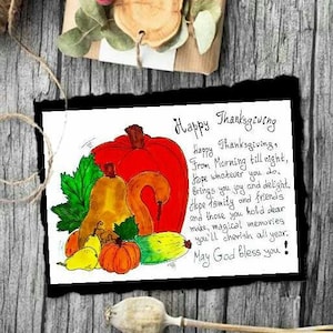 Cartão de feliz dia de Ação de Graças com poema para impressão. Impressão de cartão de Ação de Graças. Cartão de felicitações para impressão com pintura em aquarela de abóbora.