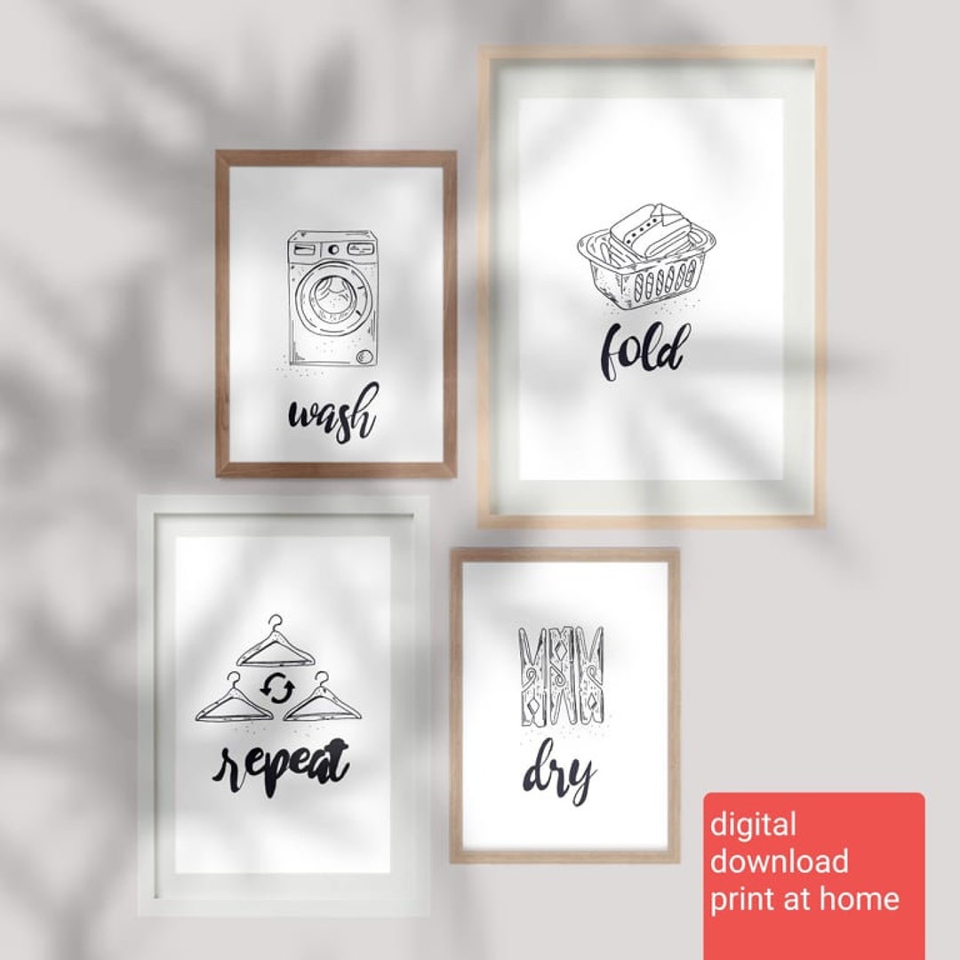 Wash Dry Fold Repeat Laundry Room Print Set of 4. Black and White ...