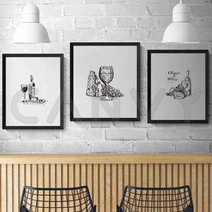 Instant Download Wine and Cheese Wall Art Print Set Of 3. Black And White Wine And Cheese Kitchen Wall Art Print. Wine Glass Print Set.