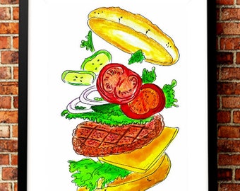 Cheese Burger Art Illustration Print. Fast Food Poster. Cheese Burger Art Print. Restaurant Wall Art Decor. Hamburger Art Illustration.