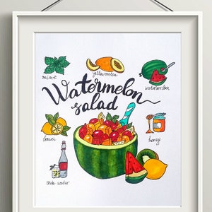 Watermelon Salad Art Recipe Illustration Printable. Summer Recipe Art Poster. Kitchen Wall Art Decor. Food Art Poster.