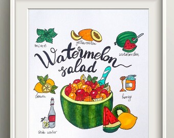 Watermelon Salad Art Recipe Illustration Printable. Summer Recipe Art Poster. Kitchen Wall Art Decor. Food Art Poster.