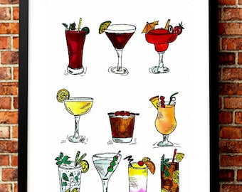 Classic Cocktails Art Illustration Printable. Cocktails Bar Poster Digital Download. Cocktail Wall Art Decor. Cocktail  Lover Gift.