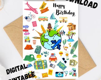Tarjeta de cumpleaños imprimible para amantes de los viajes. Tarjeta de cumpleaños de viaje. Tarjeta de cumpleaños de aventura. Descarga digital. Descarga instantánea.