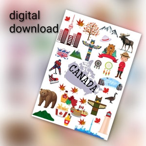 May include: A digital download of colorful Canadian themed clipart. The clipart includes images of a hockey player, a maple leaf, a beaver, a moose, a totem pole, a lighthouse, a Canadian flag, a CN Tower, and more.