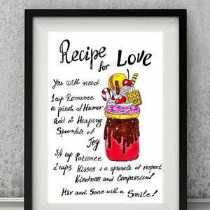 Recipe for Love Printable. Love Quote Wall Art. Recipe Illustration for Love. Engagement gift. Love gift.