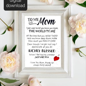 Happy Mothers Day druckbare Karte. To My Mother Message Geschenkkarte. Ich liebe dich Mama Karte. Digitaler Download. To My Special Mom Karte.