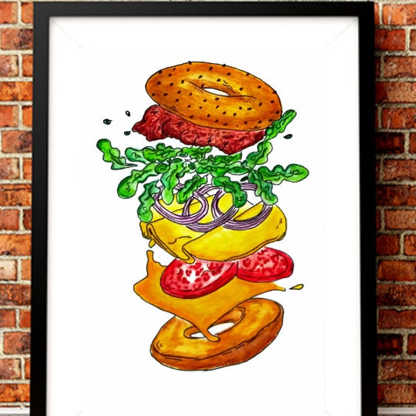 Cheese Burger Wall Art Illustration Printable. Fast Food Poster. Burger Wall Art Decor Print. Restaurant Wall Art Decor. Digital Download.