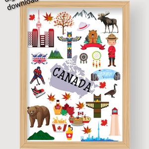 Kanada Reise Druckbares Poster. Doodle Kanada Icons Elemente. Kanada Berühmte Sehenswürdigkeiten Poster Icons. Kanada Wandkunst. Digitaler Download.