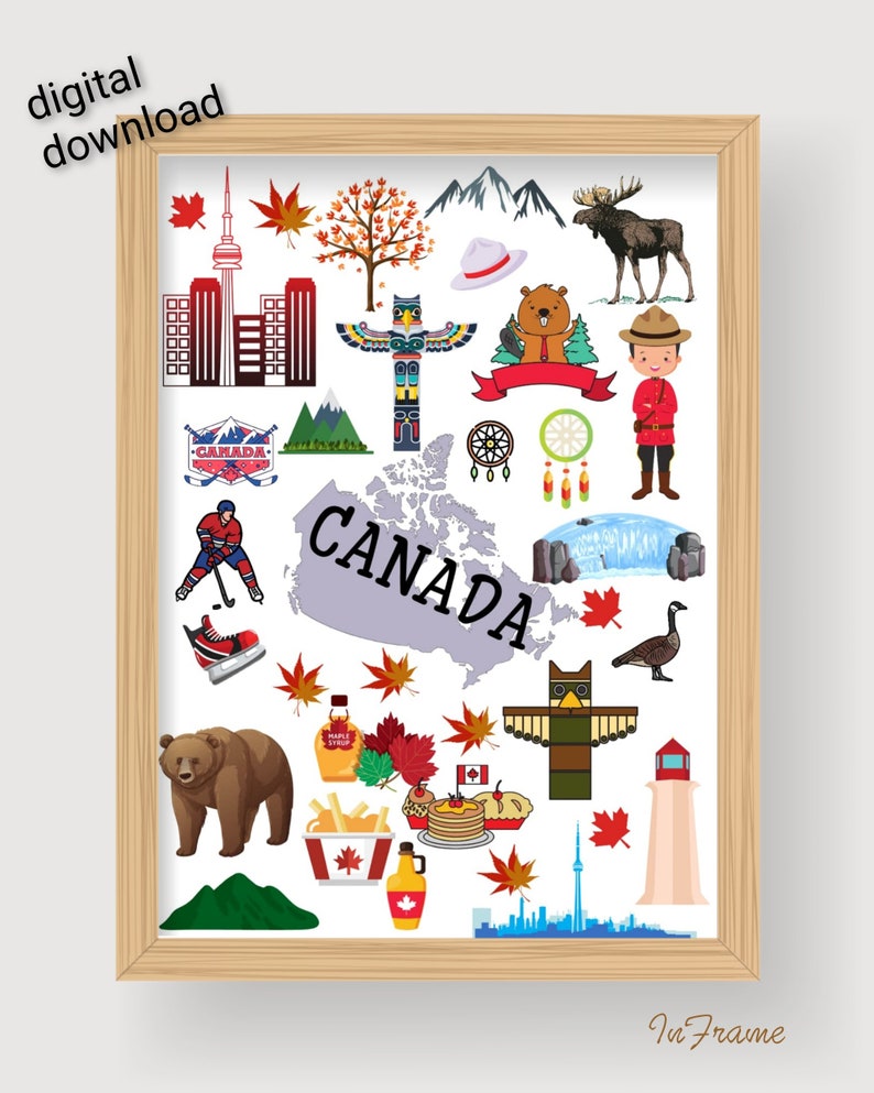 Canada Travel Printable Poster. Doodle Canada Icons Elements. Canada Famous Attractions Poster Icons. Canada Wall Art. Digital Download.