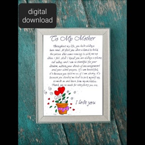 Biglietto d'auguri per mia madre. Biglietto stampabile per la festa della mamma felice. Carta di poesia d'amore per la madre. Buono regalo ti amo mamma.