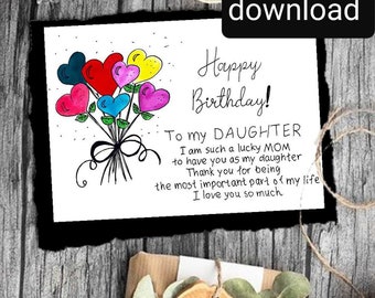 Happy Birthday Daughter Card Printable. Daughter Birthday Card. To My Daughter Card.  Birthday Wishes Card Daughter. Digital Download.