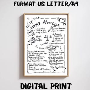 Receta para un matrimonio feliz. Lámina "Feliz matrimonio". Decoración de pared para bodas. Consejos matrimoniales. Descarga digital de regalos de boda. Póster de matrimonio.