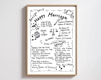 Recipe for a Happy Marriage. Happy Marriage Print. Wedding Wall Art Decor. Marriage Advice. Bridal Gift Digital Download.Marriage Poster.
