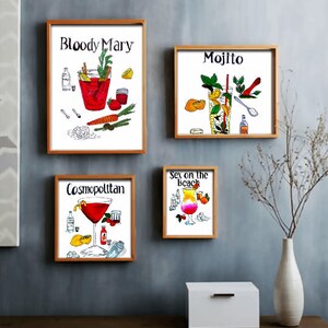 Cocktail Aquarel Recept Print Set van 4. Cocktails Art Print voor Bar Cart Wall. Drink Bar Poster. Cocktail muur print.