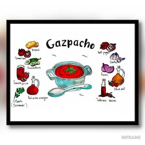 Gazpacho Recipe Art Print. Recipe illustration Gazpacho. Spanish Food Art Print. Kitchen Wall Art Decor. Summer Wall Art Food Poster.