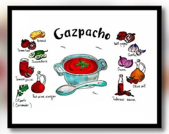 Gazpacho Recipe Art Print. Recipe illustration Gazpacho. Spanish Food Art Print. Kitchen Wall Art Decor. Summer Wall Art Food Poster.