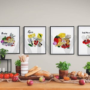 Cheese Kitchen Wall Art Print Set. Cheese Illustration Set of 4 Prints. Types of Cheese Poster. Digital Download.