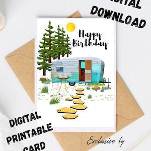 Printable Birthday Caravan Card. Camping Life Birthday Greeting Card. Digital Download. Birthday Camper Card Printale.