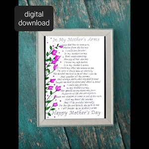 Biglietto stampabile tra le braccia di mia madre. Buono regalo per la festa della mamma. Alla scheda del messaggio di mia madre. Carta di poesia per la madre. Download digitale.