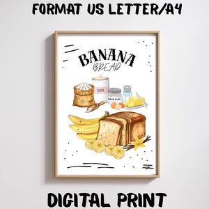 印刷可能なバナナブレッドのレシピ。レシピアートイラスト。バナナブレッドのポスター。キッチンの壁アートデコレーション。パンの作り方。デジタルダウンロード。