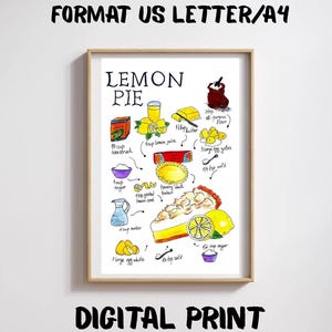 Lemon Pie Recipe Illustration Print. How To Make A Lemon Pie Digital Print. Lemon Pie Wall Art Decor. Kitchen Wall Art Print Decor.Digital.
