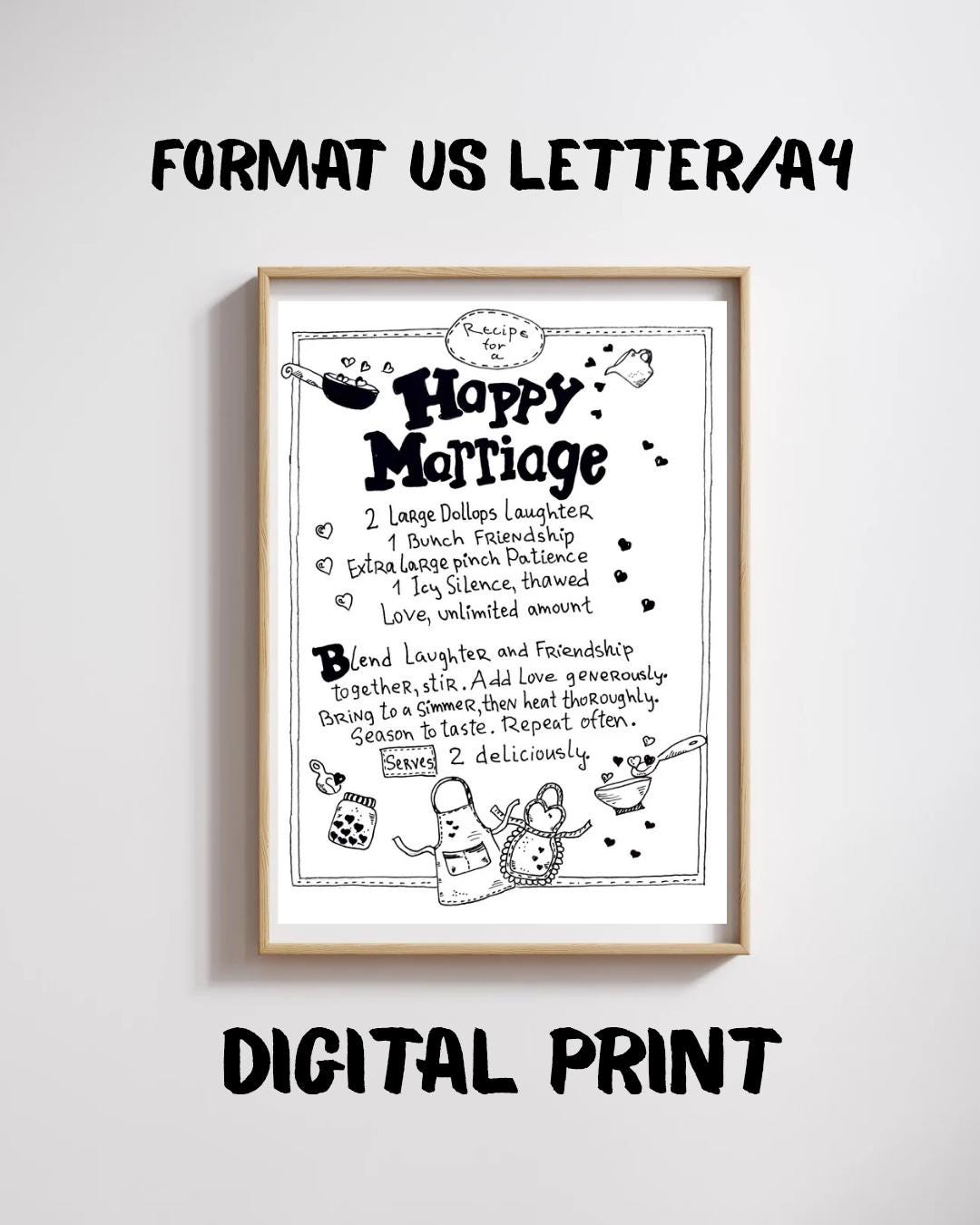 Recipe for A Happy Marriage Print. Bridal Shower Gift. Wedding Wall Art. Happy Marriage Sign ...