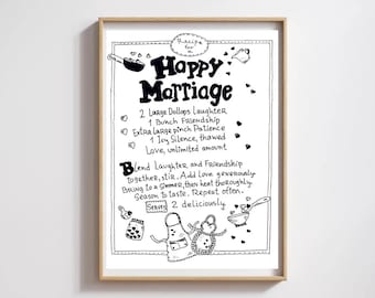 Recipe for A Happy Marriage Print. Bridal Shower Gift. Wedding Wall Art. Happy Marriage Sign. Digital Download.Happy Marriage Poster.