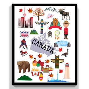 May include: A colorful illustration of Canadian icons, including a maple leaf, a beaver, a moose, a hockey player, a totem pole, a lighthouse, a CN Tower, and the word "CANADA" in large letters.