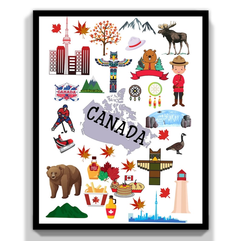 May include: A colorful illustration of Canadian icons, including a maple leaf, a beaver, a moose, a hockey player, a totem pole, a lighthouse, a CN Tower, and the word "CANADA" in large letters.