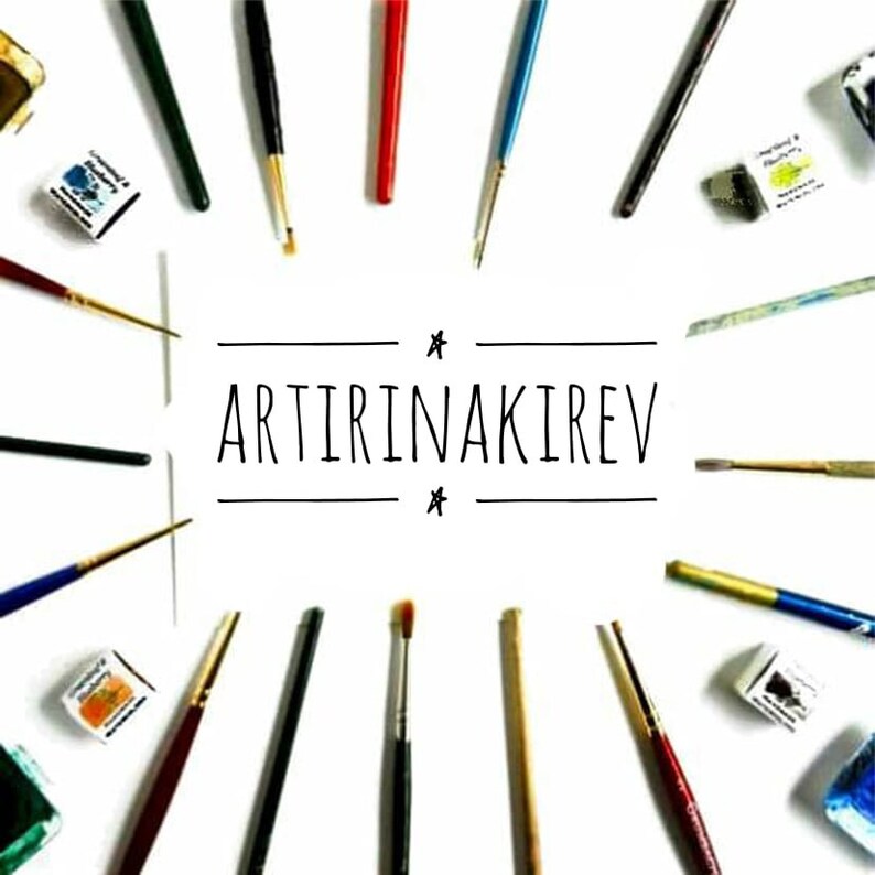 May include: A white background with a variety of paintbrushes and watercolor paints arranged in a circle around the text "ARTIRINAKIREV".