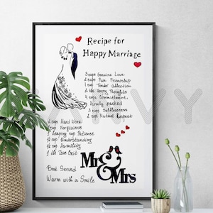 Recipe for Happy Marriage. Bridal Shower Gift. Wedding Gift print. Recipe Illustration Print Happy Marriage.