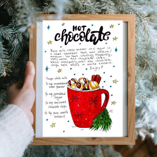 Hot Chocolate Art Recipe Illustration. Printable Hot Chocolate Art Recipe Wall Decor. Christmas Wall Art Decor. Christmas Art Recipe.
