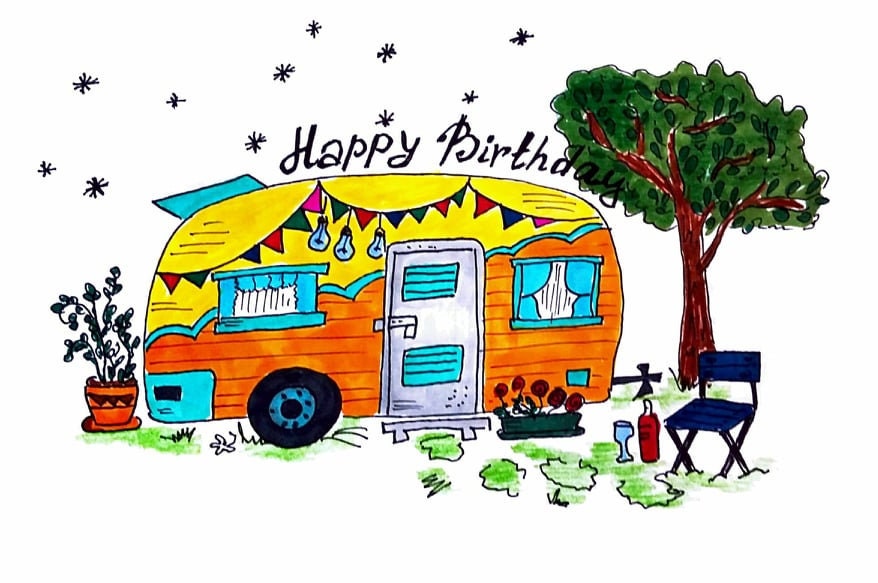 Happy Birthday Camper Karte Druck. Druckbare Geburtstagskarte mit