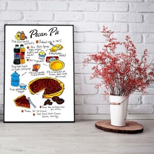 Pecan Pie Art Recipe Print. How to Make Pecan Pie Recipe Poster. Kitchen Wall Art Decor. Food Poster Digital Download.