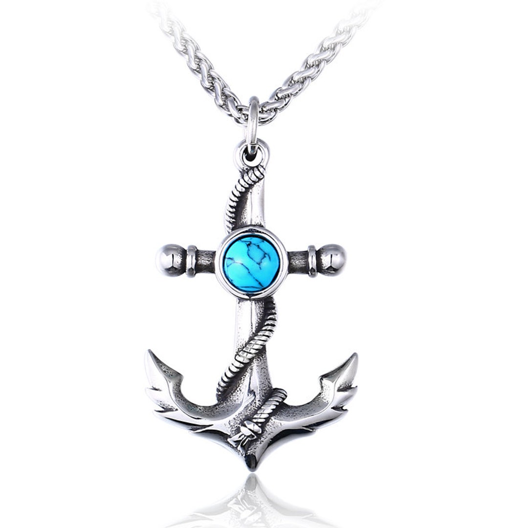 Stainless Steel Anchor Pendant Necklace With Small Stone Women Men