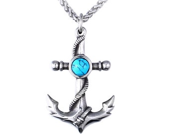 stainless steel anchor pendant necklace with small stone women men accessories charm gift jewellery