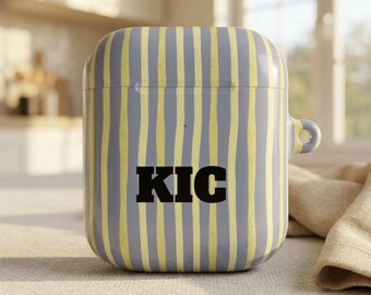 Personalized Yellow Gray Vertical Stripes AirPod Case | Custom Monogram Initials AirPod Case
