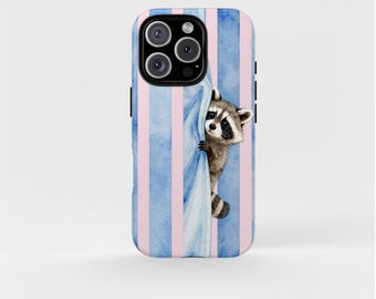 Cute Raccoon Phone Case, Watercolor Animal iPhone Case, Pastel Blue Pink Striped Phone Cover, Woodland Creature Gift, Aesthetic iPhone Case