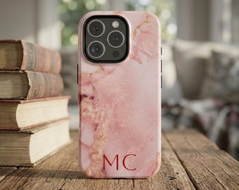 Custom Pink Marble Phone Case, Elegant Pink Case, Personalized Monogram Phone Case, iPhone 17 16 15 14 13, Google Pixel, Samsung Galaxy
