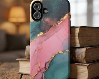 Pink Teal Marble Watercolor with Gold Veins phone case, Aesthetic Phone Case, iPhone 17 17 15 14 Pro Max Samsung Galaxy Google Pixel
