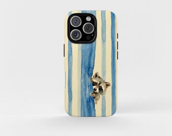 Cute Peeking Raccoon Phone Case, Watercolor Animal iPhone Case, Woodland Critter Phone Cover, Blue Stripe Aesthetic Case, Nature Lover Gift