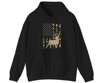 Outdoor Hunting Camo Hoodie, Deer Hunting Season Hoodie, Gift for Hunters, Outdoors Enthusiast Gift, Camo American Flag Hoodie, Patriotic