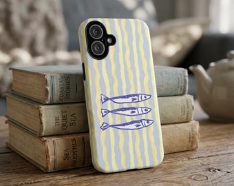Retro Sardine Phone Case,  Coastal fish Pattern, Striped iPhone Case, iPhone 17 Pro Max, iPhone 16 15 14 13 Samsung Galaxy S26, Google Pixel
